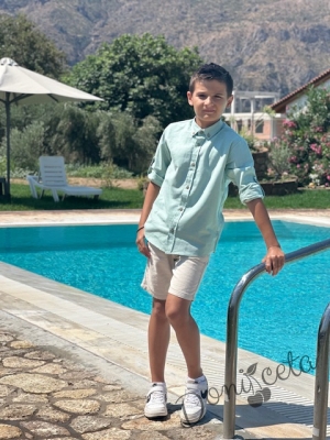 Детска риза с дълъг ръкав  за момче в тюркоаз с копчета в бежово