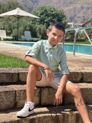 Детска риза с дълъг ръкав  за момче в тюркоаз с копчета в бежово