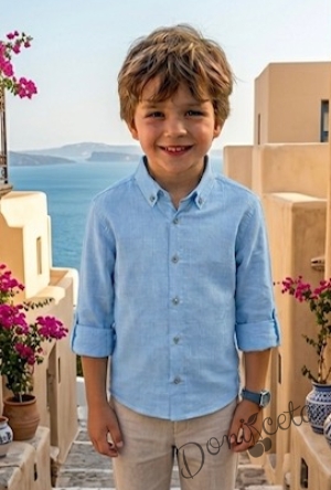 Детска лятна риза с дълъг ръкав  за момче в светлосиньо с копчета в бежово