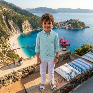 Детска лятна риза с дълъг ръкав  за момче в светлосиньо с копчета в бежово