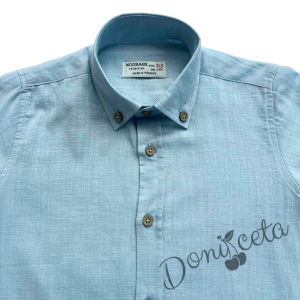 Детска риза с дълъг ръкав  за момче в светлосиньо с копчета в бежово 2