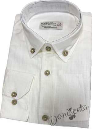 Детска риза с дълъг ръкав в бяло с копчета в бежово