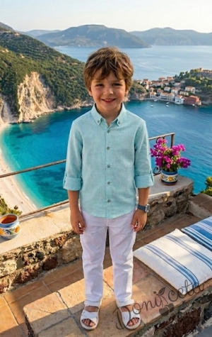 Детски комплект за момче от 2 части-риза в тюркоаз и панталон в бяло