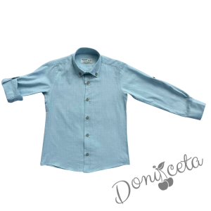 Детски комплект за момче от 2 части-риза в тюркоаз и панталон в бяло