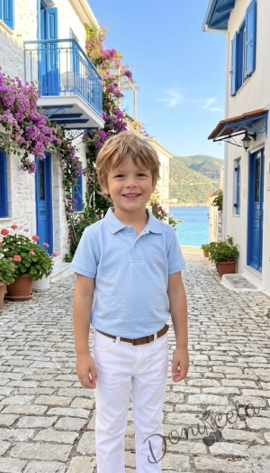 Комплект за момче от 2 части тениска с яка в светлосинъо и бял панталон