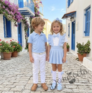 Комплект за момче от 2 части тениска с яка в светлосинъо и бял панталон