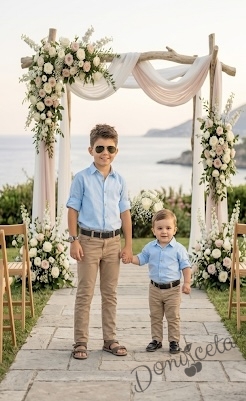 Детски комплект от риза с дълъг ръкав в светлосиньо, дълъг панталон в бежово с колан от колекция Бежина