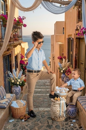 Детски комплект от риза с дълъг ръкав в светлосиньо, дълъг панталон в бежово с колан от колекция Бежина