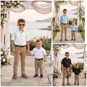 Детски комплект от риза с дълъг ръкав в светлосиньо, дълъг панталон в бежово с колан от колекция Бежина