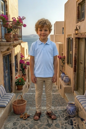 Комплект за момче от 2 части блузка с яка в светлосиньо и панталон в бежово