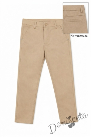 Летен комплект за момче от риза с къс ръкав в светлосиньо и дълъг панталон в бежово