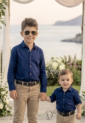 Детска риза с дълъг ръкав  за момче в тъмносиньо с копчета в бежово