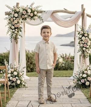 Летен комплект за момче от риза с къс ръкав в бежово и дълъг панталон в бежово