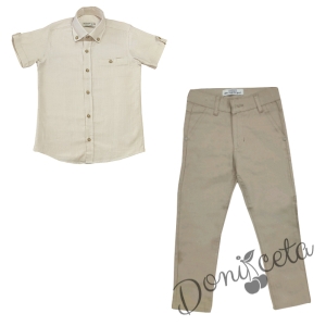 Летен комплект за момче риза с къс ръкав и дълги панталони в бежово 1