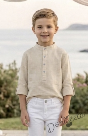 Детска риза с дълъг ръкав за момче в бежово без яка с бежови копчета