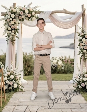 Официален детски комплект за момче риза с дълъг ръкав в бежово с яка и панталон в бежово