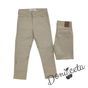 Летен комплект за момче риза с къс ръкав в бяло и дълги панталони в бежово 4