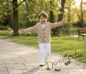 Стилен детски комплект от 3 части сако, панталон в бежово и риза в бяло