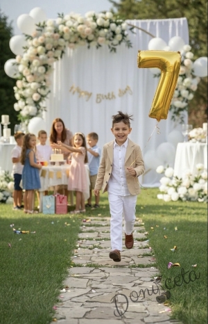 Стилен детски комплект от 3 части сако, панталон в бежово и риза в бяло