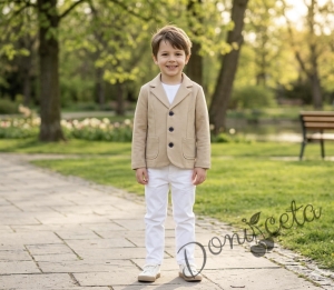 Стилен детски комплект от 3 части сако, панталон в бежово и риза в бяло