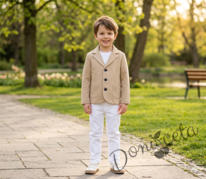 Стилен детски комплект от 3 части сако, панталон в бежово и риза в бяло