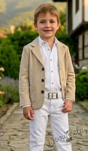 Стилен детски комплект от 3 части сако, панталон в бежово и риза в бяло