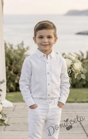 Детски комплект за момче от 2 части-риза с дълъг ръкав в бяло с яка и копчета в бежово и панталон в бяло