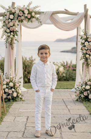 Детски комплект за момче от 2 части-риза с дълъг ръкав в бяло с яка и копчета в бежово и панталон в бяло