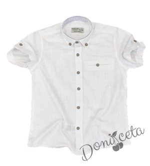 Летен комплект за момче от риза с къс ръкав в бяло и дълъг панталон в бяло