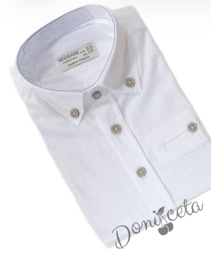 Летен комплект за момче от риза с къс ръкав в бяло и дълъг панталон в бяло