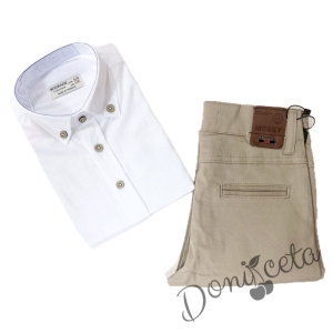 Официален детски комплект за момче риза с дълъг ръкав в бяло с яка и копчета в бежово и панталон в бежово