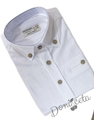 Лятна детска риза в бяло с къс ръкав за момче от лен с копчета в бежово