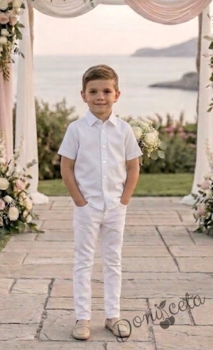  Детска официална ризка за момче с къс ръкав и яка в бяло 