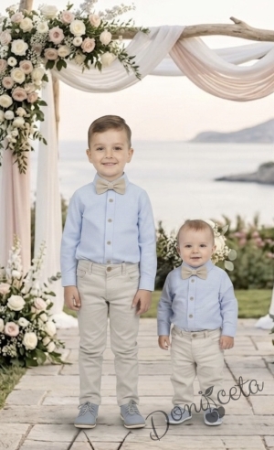 Детски комплект за момче от 3 части-риза в светлосиньо с яка, панталон в бежово и  папийонка в бежово