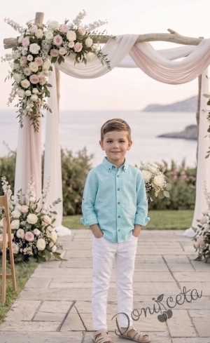 Детски комплект за момче от 2 части-риза в тюркоаз и панталон в бяло