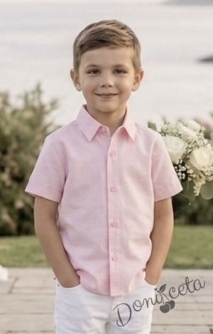 Летен комплект за момче от риза с къс ръкав в розово и дълъг прав панталон в бяло