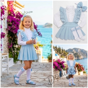 Комплект за момиче от 4 части- сукман Гери в светлосиньо с плисирана пола, риза в бяло с дълъг ръкав и къдрички , чорапки и диадема в  розово