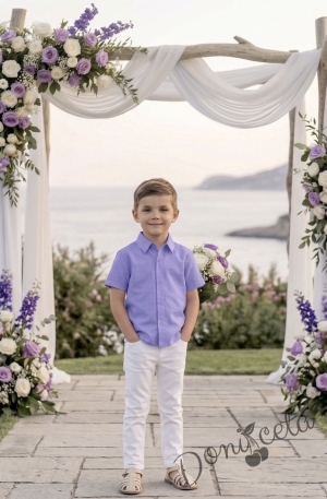 Летен комплект за момче от риза с къс ръкав в лилаво и дълъг прав панталон в бяло