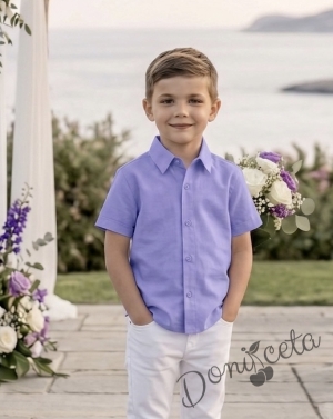 Летен комплект за момче от риза с къс ръкав в лилаво и дълъг прав панталон в бяло