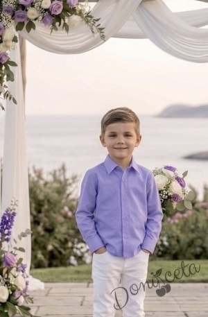 Детски комплект за момче от 2 части-риза с дълъг ръкав в лилаво с яка и панталон в бяло