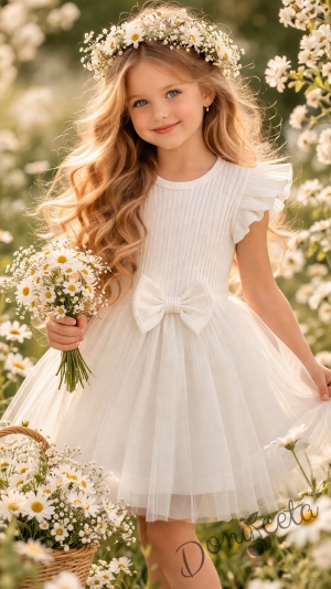 Ежедневна детска рокля с къс ръкав в екрю с къдрички и тюл в долната част Оливия