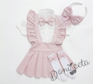 Комплект за момиче от 5 части- сукман Гери в розово с плисирана пола, риза в бяло с къс  ръкав и къдрички с панделка в розово, чорапки и диадема