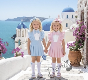 Комплект за момиче от 5 части- сукман Гери в розово с плисирана пола, риза в бяло с къс  ръкав и къдрички с панделка в розово, чорапки и диадема