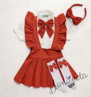 Комплект за момиче от 5 части- сукман Гери в червено с плисирана пола, риза в бяло с къс ръкав и къдрички ,панделка за ризка и чорапки и диадема в  червено