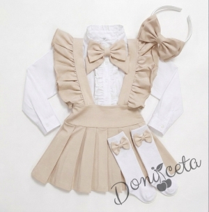Комплект за момиче от 5 части в бежово-сукман плисе Гери, риза с дълъг ръкав с панделка, чорапки с панделка в бежово и диадема с панделка