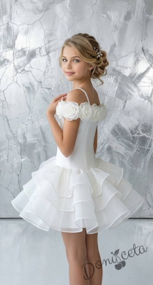 Къса елегантна детска рокля в бяло с рози и пищна многопластова пола Розалия