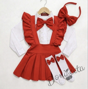 Комплект за момиче от 5 части- сукман Гери в червено с плисирана пола, риза в бяло с дълъг ръкав и къдрички ,панделка за ризка и чорапки и диадема в  червено