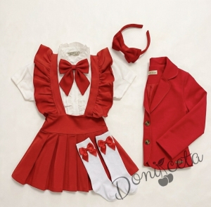Комплект от 6 части сукман от трико Гери, сако в червено, ризка в бяло с къс ръкав, чорапи с панделки, панделка в червено за ризка и диадема