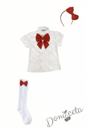 Комплект от 6 части сукман от трико Гери, сако в червено, ризка в бяло с къс ръкав, чорапи с панделки, панделка в червено за ризка и диадема