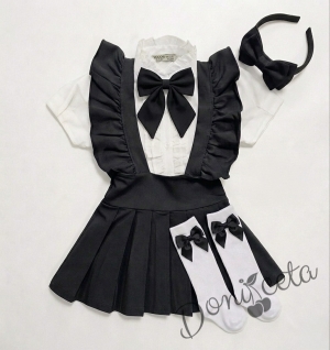 Комплект от 6 части сукман от трико Гери, сако в черно, ризка в бяло с къс ръкав, чорапи с панделки, панделка в черно за ризка и диадема